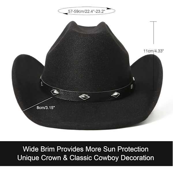 Klassisk bredskygget western cowboyhat i filt til kvinder og mænd med spænde
