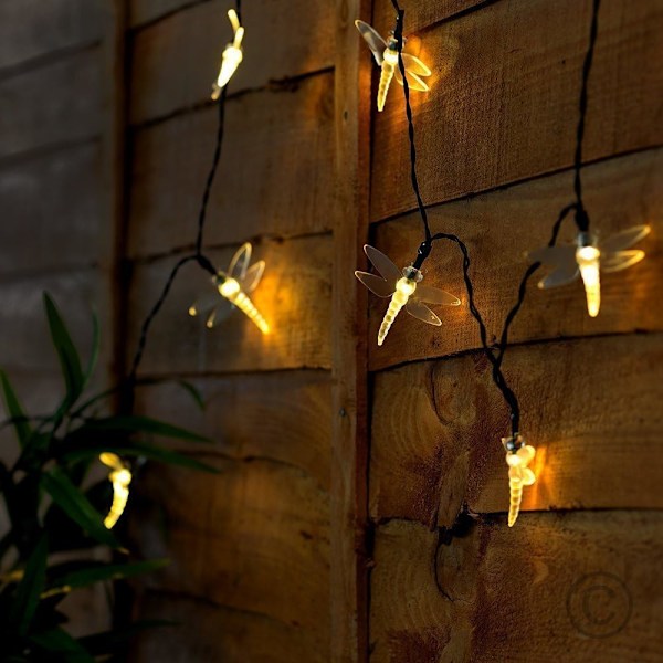 Dragonfly Lights, 20FT/6M 30 LED Solcellslingor med 8 lägen Ljus Vattentät för Utomhus, Trädgård, Juldekorationer (Varm Vit) Varm