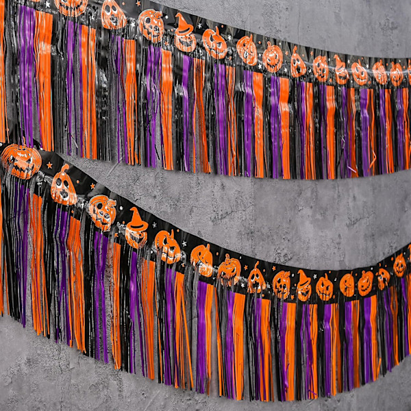 Mega-L Halloween-festdekorationer 2 pakker 39 fod folie frynser guirlande tinsel streamers, orange lilla sort græskar metallisk hængende baggrund ba eller