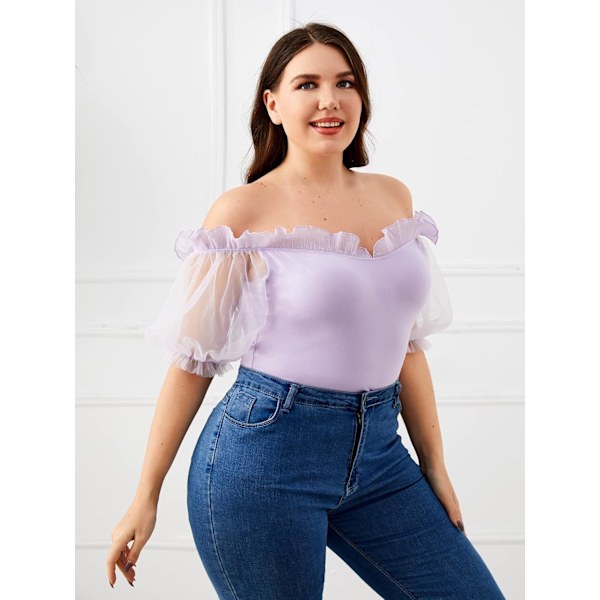 Kvinders Plus Size Off Shoulder Sheer Mesh Puff Kortærmet Bluse Toppe