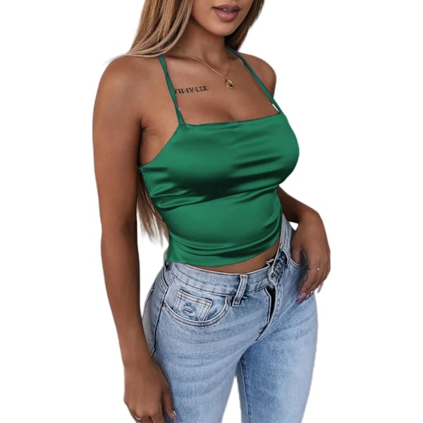 Dame Ærmeløs Satin Spaghetti Stropper Camisole Criss Cross Binde Ryg Crop Top