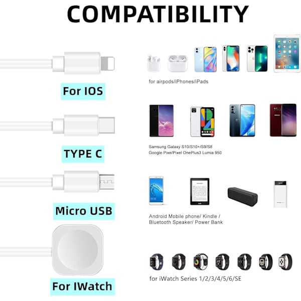 4 i 1 Watch-laddare Multi USB Magnetisk Laddningskabel Bärbar
