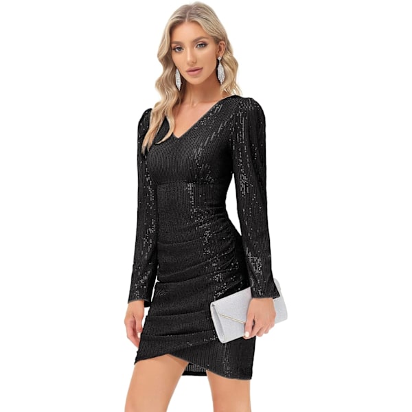 Kvinners Sequin Festkjole V-hals Puffle Lang Ermet Rynket Glitterkjole for