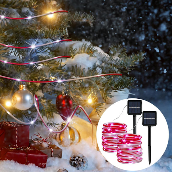 2 stk. Julelys til udendørs brug med solcelledrevne reb, slikfarvede, vandtætte, blinkende lys, 33 fod, 100 LED, vandtætte julelys, dekorative fe-lys