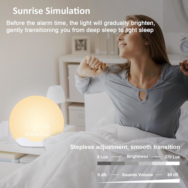 Smart Sunrise Väckarklocka Wake Up Light för tunga sovare, Soluppgång/Solnedgångssimulering, 12 färger, 7 naturliga ljud, Dubbelalarm, FM-radio, Multi