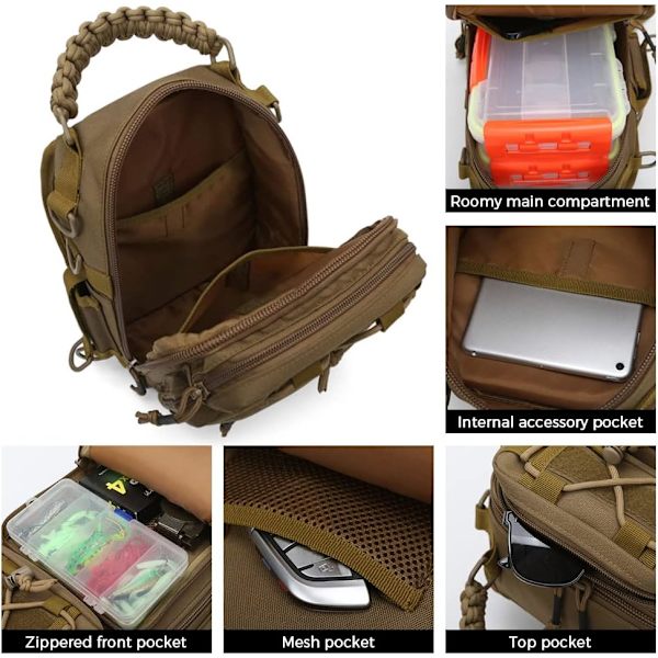Fiske Sling Bag Fiskeutrustning Förvaringsväska Verktygsväska för Fiske Vandring Jakt Camping brown