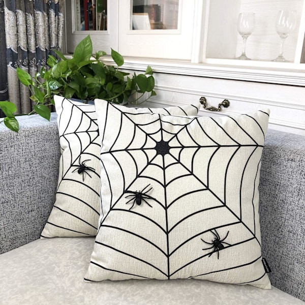 Halloween putetrekk, sett med 2 18 x 18 tommer 3D edderkopper og nett putetrekk, håndsydde sorte edderkopper på naturlige poly lin putetrekk