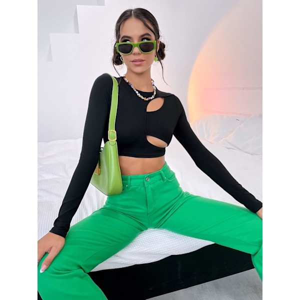 Kvinners utskårne langarmede rundhalsade Crop Top Slim