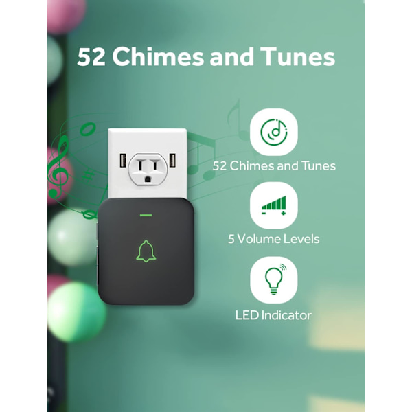 Trådløs dørklokke - 1000 fot rekkevidde, 52 melodier, LED-blits
