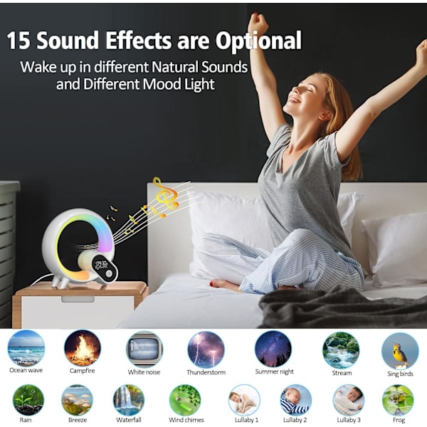 Smart Wake Up Light, Nattlampa för Sovrum, Smart Alarmklocka med Bluetooth APP och Fjärrkontroll, Sänglampa för Sömn Vit