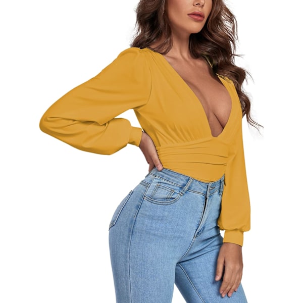 Kvinners dyp V-hals rynket plissert langarmet topp leotard body