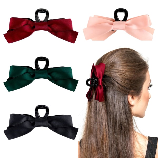 4-pack stora rosett hårklämmor silkeslen satin hårklämma halkfria klämmor håraccessoarer för födelsedagsfest shower för kvinnor och flickor tunt