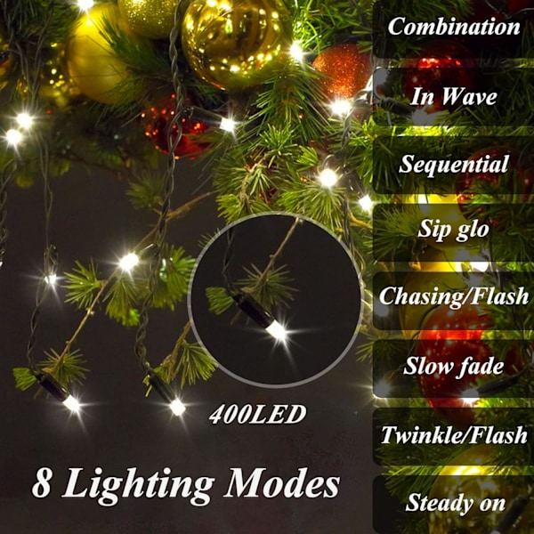 Julelys for tre, 400 LED julelys med minnefunksjon og 8 moduser, 6,6FT x 16 linjer fe lys med fjernkontroll