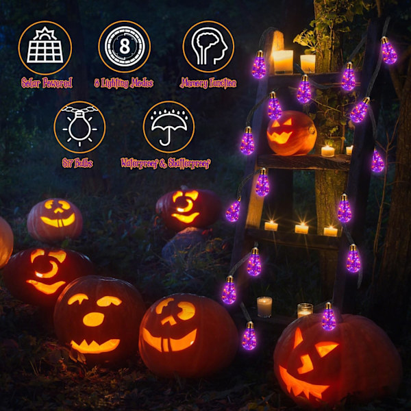20ft Orange & Lilla Solcelled Halloween Lys Udendørs og 82ft 200 LED Orange & Lilla & Grøn Halloween Lys med 8 Tilstande Vandtæt til