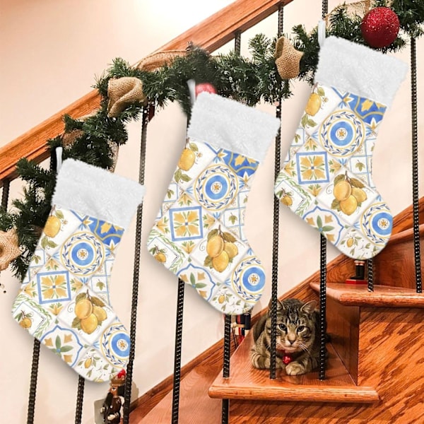 Julklapp, personliga julklappsstrumpor set om 2 gula citroner Boho-stil kakel 45,7 cm julstrumpor hängande prydnad spis för