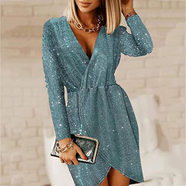 Elegant Sequin V-hals Wrap Langærmet Kjole - Aften Cocktail