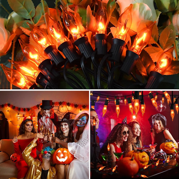 Halloween-lys flimrende flammelyskæde med 12 stk. C7 orange flammepærer (2 reserve), 12,8 fod orange flammelyskæde til indendørs