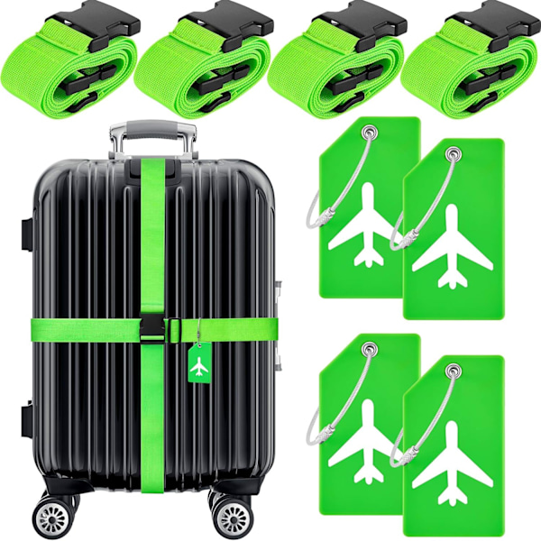 8-delars TSA Bagageset - 4 Justerbara Remmar + 4 Silikonetiketter med Kortfack - Bagagetillbehör för Resor (Grön)