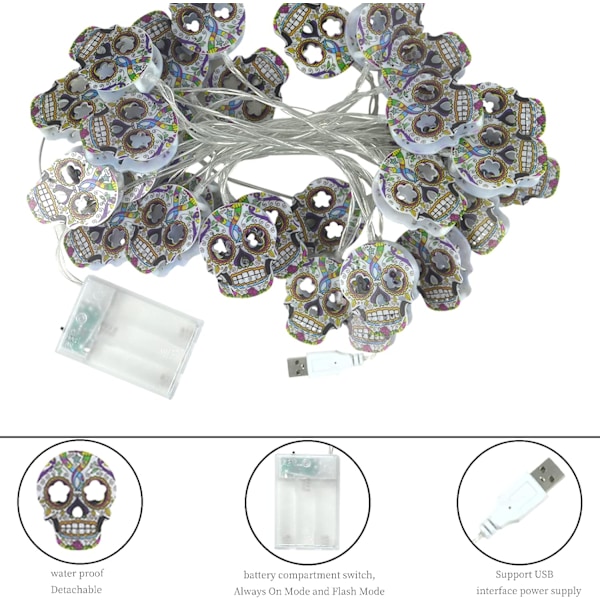 Halloween-lyskæde, 2 pakker kranie-lyskæde 30 LED kranie-lys 15ft Halloween-dekoration lys Batteri/USB-drevet Valgfrit 2 tilstande