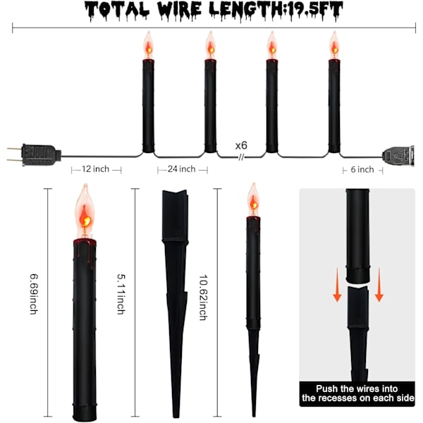 19,5Ft Halloween stilys belysning udendørs, Halloween dekorationslys med 10 C18 flammepærer og sorte blodtårer, stik i stien