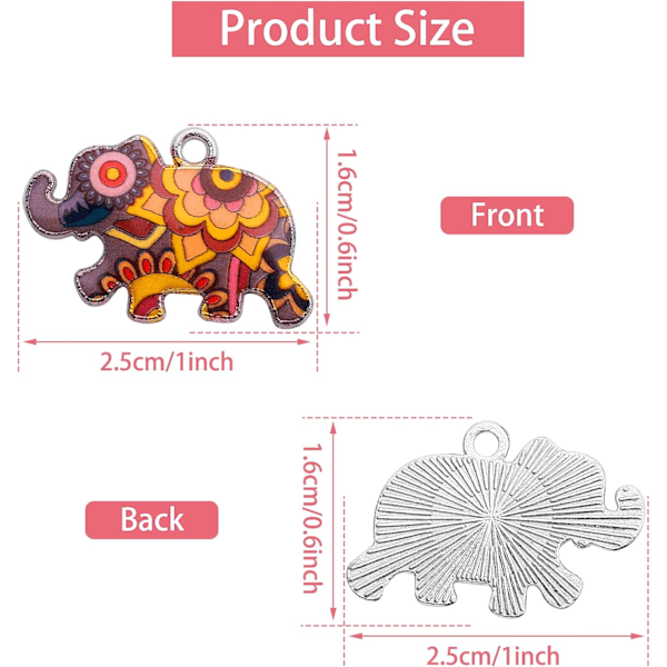 Fargerike elefantberlocker - Sett med 28 smykker i metallemalje