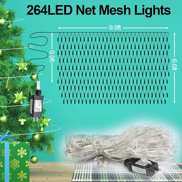 Grønne julelys til udendørs dekoration, 9,9ft x 6,6ft 264 LED indendørs blinkende netlys, IP44 vandtæt 8 tilstande fe netbusk grøn