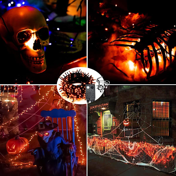 LED-lysslynger med skummel musikk, bevegelsessensor Halloween-lys utendørs vanntett oransje lys med lyder for Halloween-dekorasjon jul
