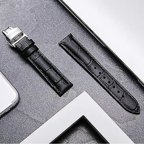 Läderklockarmband Ersättning Alligator Rem För Män Kvinnor Med Silver Fjärils Deployment Spänne Black 22mm