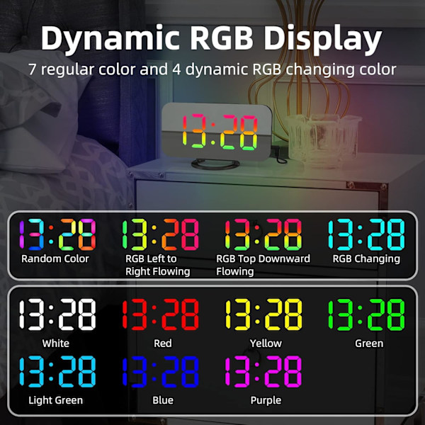 Digitalt vækkeur, stort LED-display og spejlbordur med dobbelte USB-opladerporte, 3 niveauer lysstyrke, 12/24H, moderne elektronisk ur til