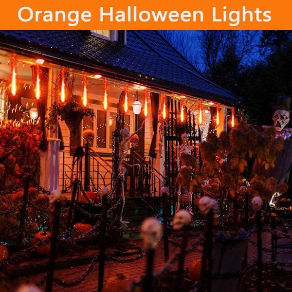 Halloween-lys, 24 rør (svarende til 3 sæt med 8 rør)  Meteor Shower Orange Lights Icicle String Lights til Halloween Juledekorationer