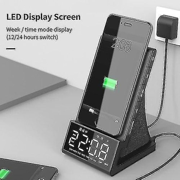 10w trådlös laddning Bt radioväckarklocka högtalare LED-display stereoljudkvalitet dubbel alarmklocka med snooze-funktion