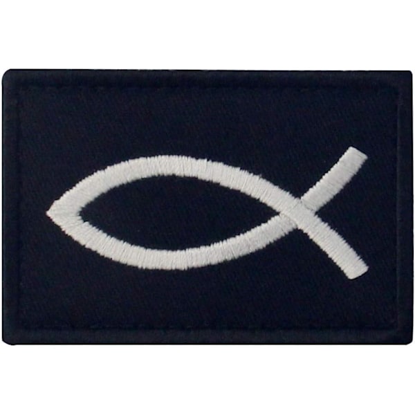 Jesus fisk patch - broderet morale patch med krog- og løkkeemblem (hvid og sort)