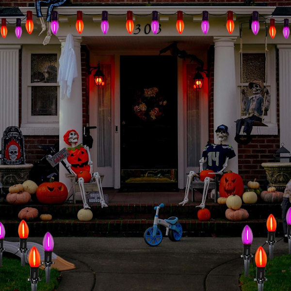 Sæt med 10 LED Halloween stimarkør-lyskæder med 10 C9-pærer, udvidelig stibelysning, vandtæt Halloween-græsplæne, gangsti