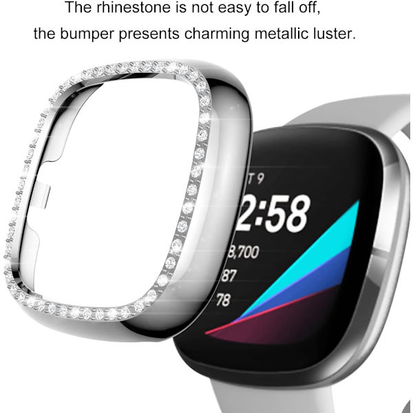 Fitbit Sense-fodral - Bling Diamond PC-skydd för Smart Watch (Silver, Versa 3/Sense)