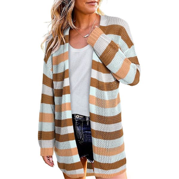 Dam Puff Långärmad Virkad Stickad Cardigan Tröjor Färgblock Kimono Öppen Framrock Ytterkläder M