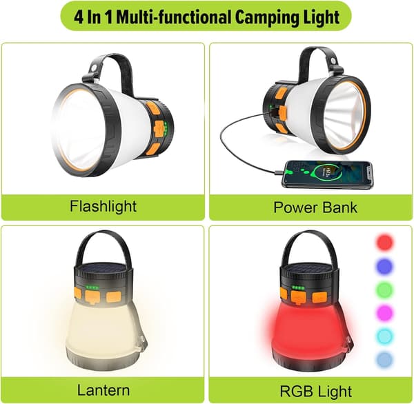 LED Campinglykt, 1500 Lumen Oppladbar Campinglykt med Solcellepanel, Vanntett, 8 Lysmoduser, 7500mAh Powerbank, Camping
