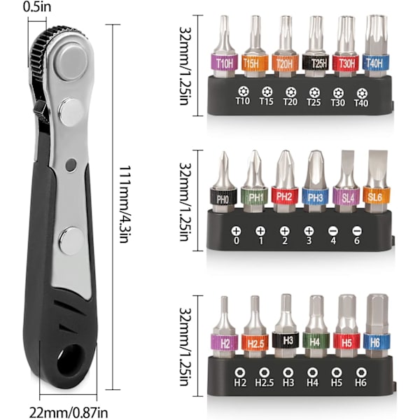 19PCS 1/4 Mini Ratchetnøgle Offset Skruetrækkersæt, S2 Stål
