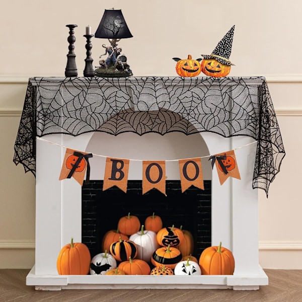 Halloween blonderduk, Spierweb-bordduk, svart blonderduk, skummel bordduk, rektangulære bordfester, gotisk skummel natt