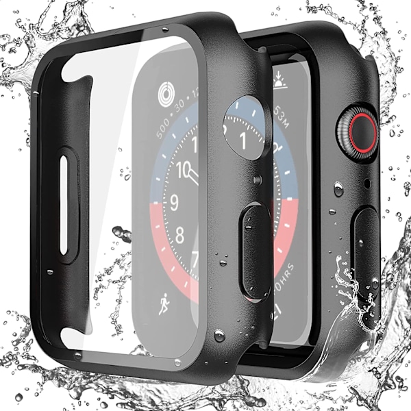[2 kpl] Vedenpitävä musta kova kotelo karkaistulla lasilla, yhteensopiva Apple Watch SE 2 (2024) SE Series 6 Series 5 Series 4 44mm kanssa, erittäin ohut suoja