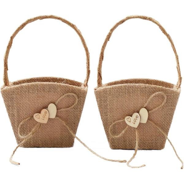 2 stk. Burlap Brudepige Blomsterkurv Dobbelt Kærlighedshjerte og Sløjfe