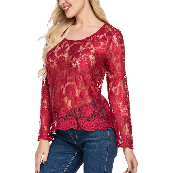 Women's Long Sleeve Sexy Sheer Floral Lace Blouse Top L