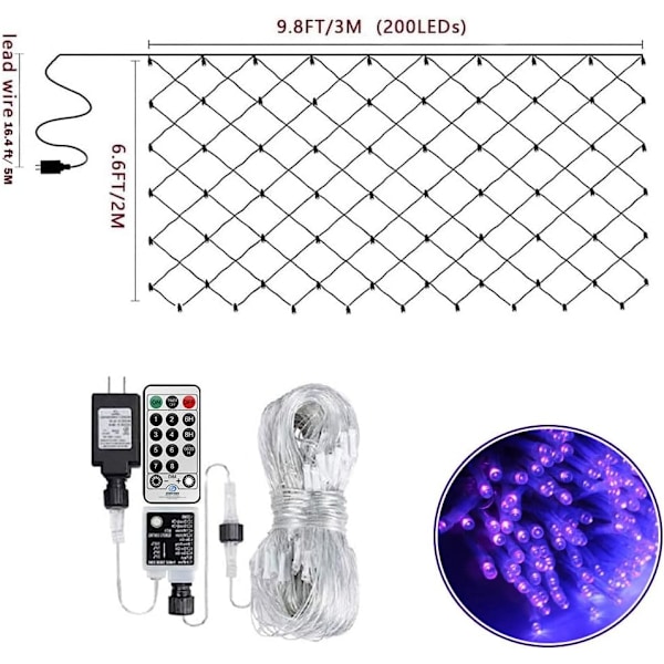Udendørs netlys Halloween UV sorte lys 9,8ft x 6,6ft UV sortlys net fe lyskæde 200 LED'er Stik i have trælys dekorationer