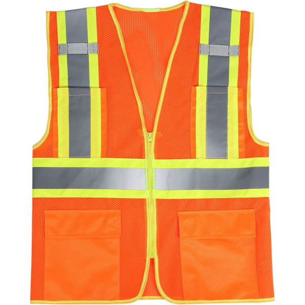 Refleksvest med høy synlighet og glidelås og lommer, oransje, L