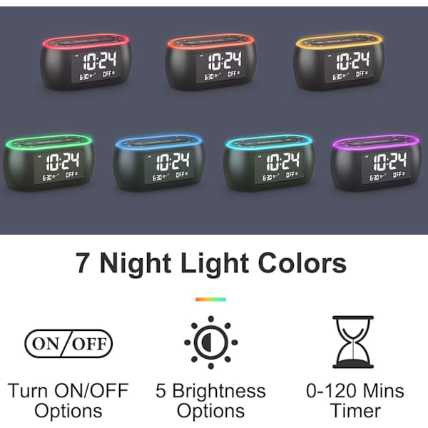 Glow Liten väckarklockradio för sovrum med 7-färgad nattlampa, dubbelalarm, dimmer, USB-laddare, baery-backup, naptimer, FM-radio med svart
