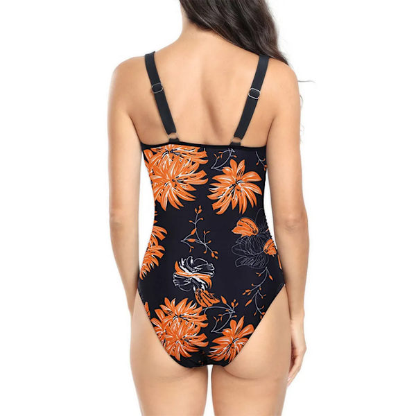 Kvinnors badkläder strandkläder push up simning badkläder blommigt tryck en del baddräkter orange blomma med svart botten, storlek M Orange Flower with Black Bottom M