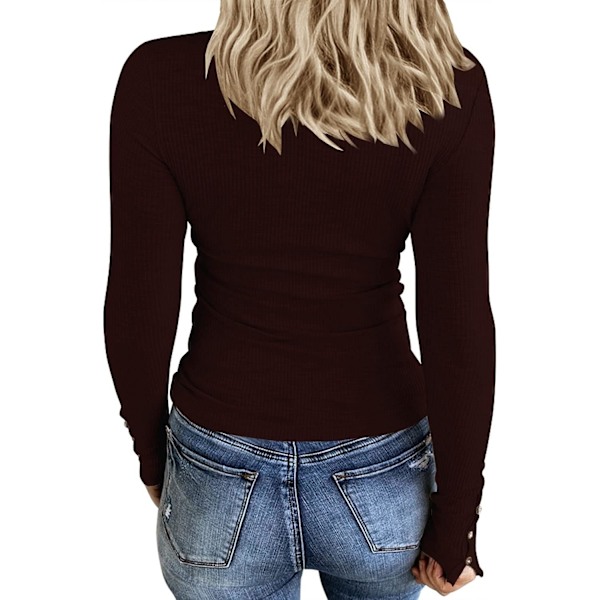 Kvinnors långärmade Henley T-shirts med knappar, slim fit, rund hals
