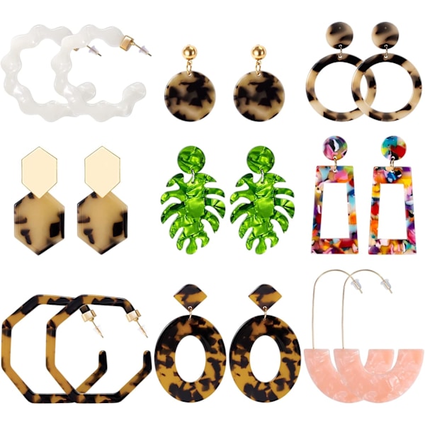 Akrylørhängen Set - Bohemia Resin Leaf Hoop Stud Dingle Ørhängen (9 par)