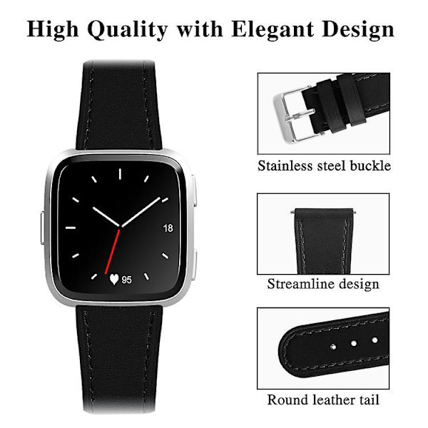 För Fitbit Versa 2 / Fitbit Versa Lite läderklockarmband med runt spänne LPS Black