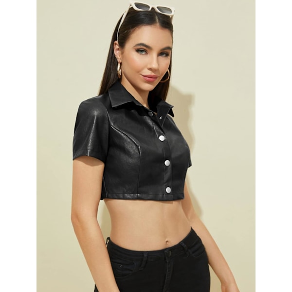 Kvinde Kunstlæder Kortærmet Knap Ned Skjorte Bluse Crop Top