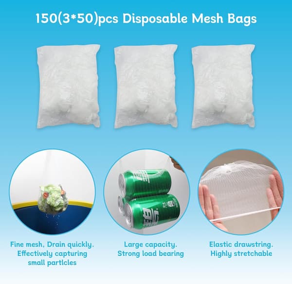 Engangs Mesh Vaskesi Poser, Med Kurvholder, 150 Køkkenvaskesi Mesh Pose, Engangs Vask Madfanger Net Med 304 Rustfrit Stål